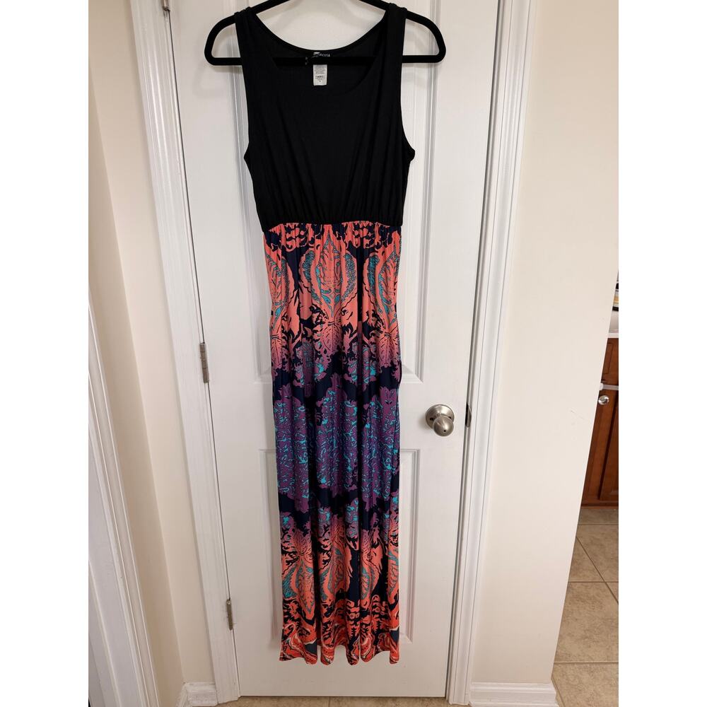 Hemish USA Women’s Maxi Dress Size M Black Coral Purple Sleeveless Stretch